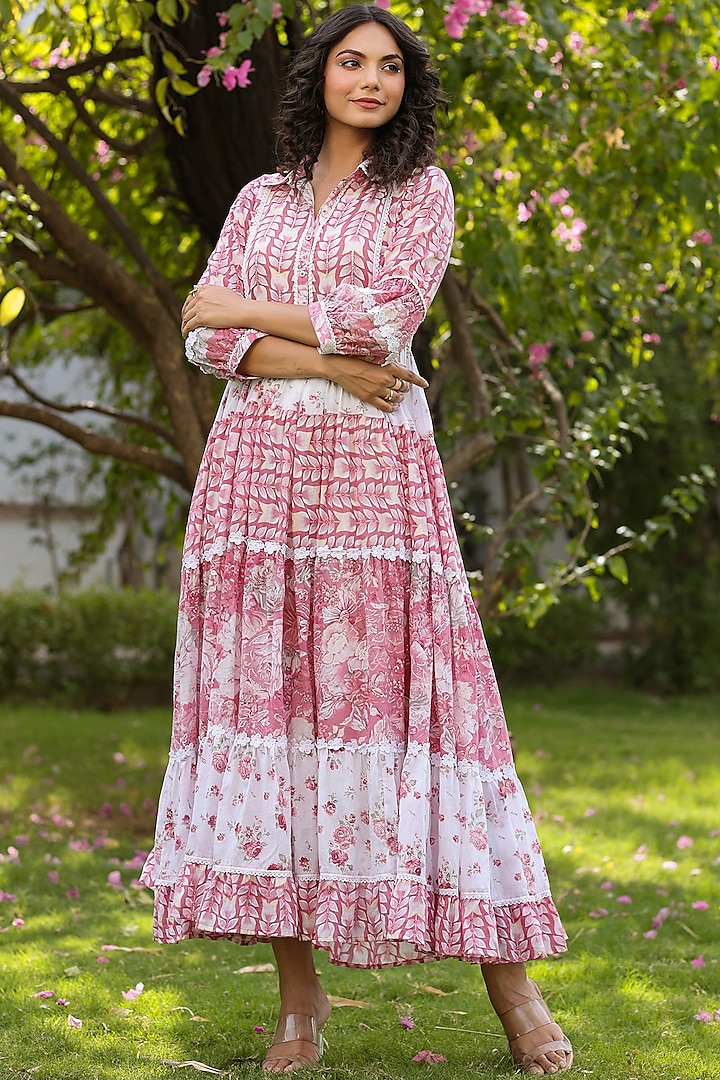 Pink Printed Maxi Dress by Bairaas