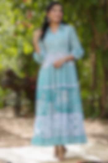 Turquoise Printed Maxi Dress by Bairaas
