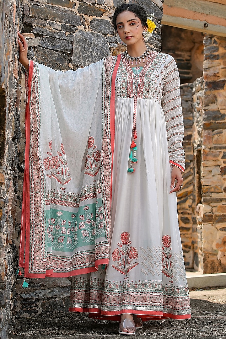 Peach Mul Cotton Embroidered & Printed Anarkali Set by Bairaas at Pernia's Pop Up Shop