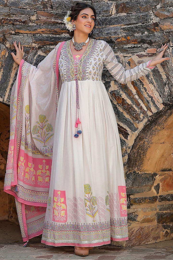 Pink Mul Cotton Embroidered & Printed Anarkali Set by Bairaas at Pernia's Pop Up Shop