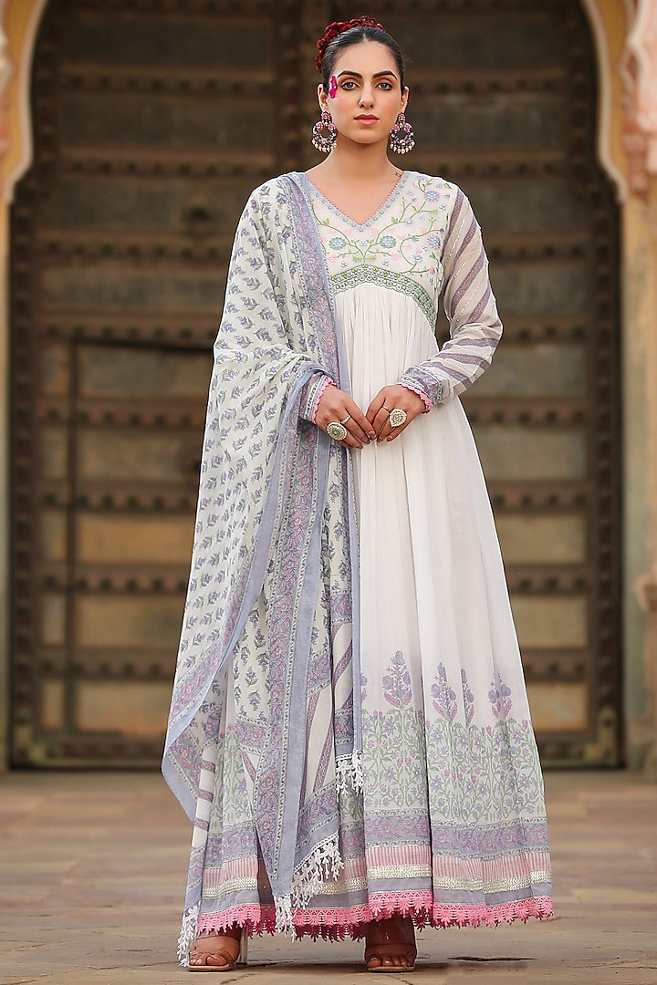 Purple Mul Cotton Embroidered & Printed Anarkali Set by Bairaas