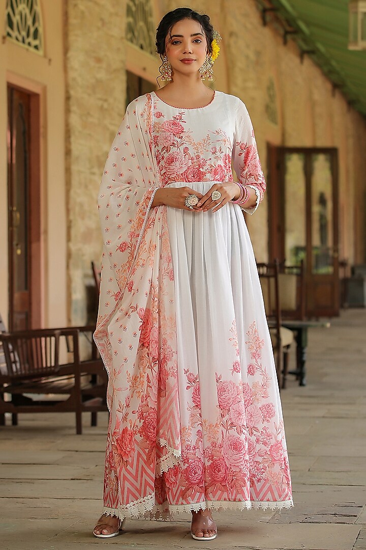 Peach Mul Cotton Embroidered & Printed Anarkali Set by Bairaas
