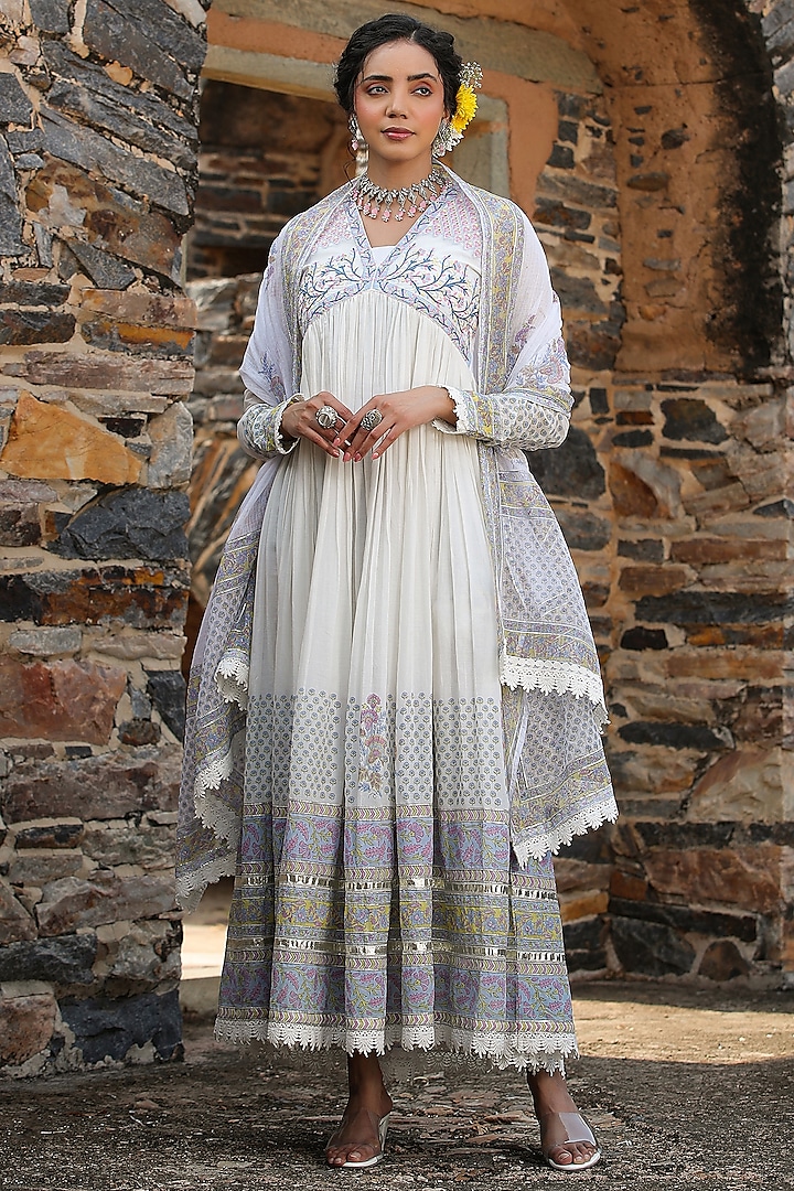 Blue Mul Cotton Embroidered & Printed Anarkali Set by Bairaas at Pernia's Pop Up Shop