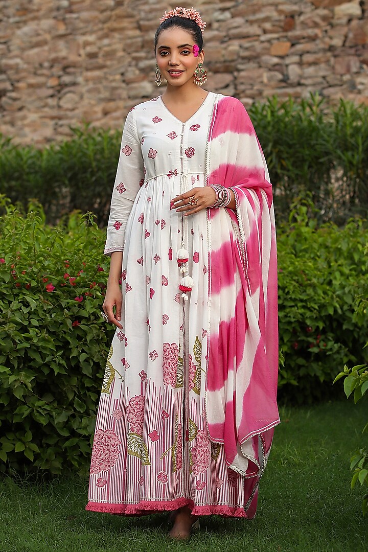 Pink Mul Cotton Embroidered & Printed Anarkali Set by Bairaas at Pernia's Pop Up Shop