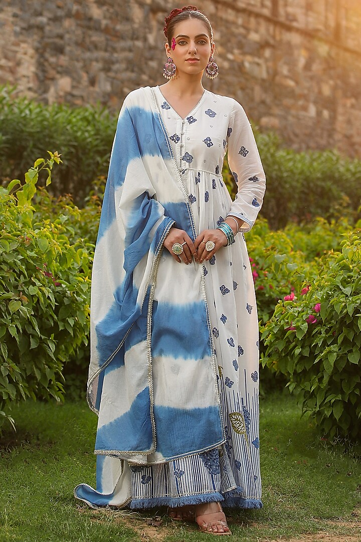 Blue Mul Cotton Embroidered & Printed Anarkali Set by Bairaas at Pernia's Pop Up Shop