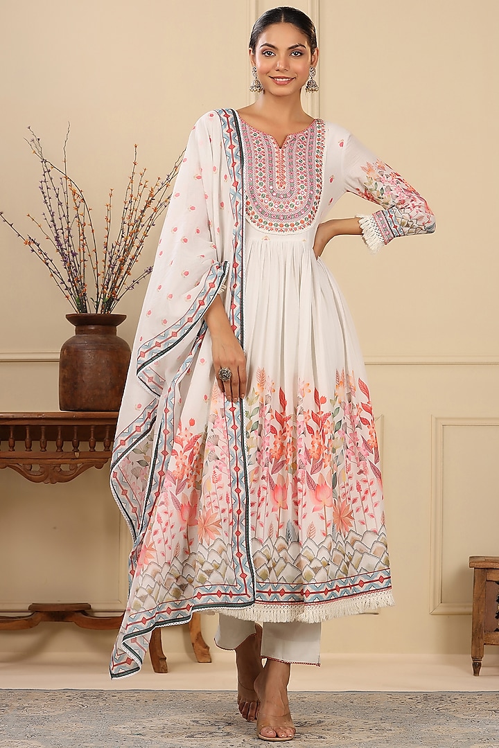 Ivory Mul Cotton Embroidered & Printed Anarkali Set by Bairaas