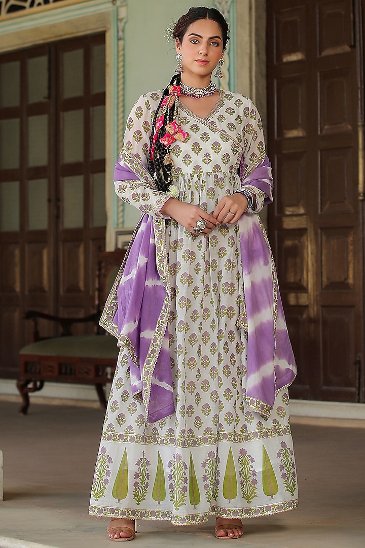 Pink Mul Cotton Embroidered & Printed Anarkali Set by Bairaas at Pernia's Pop Up Shop