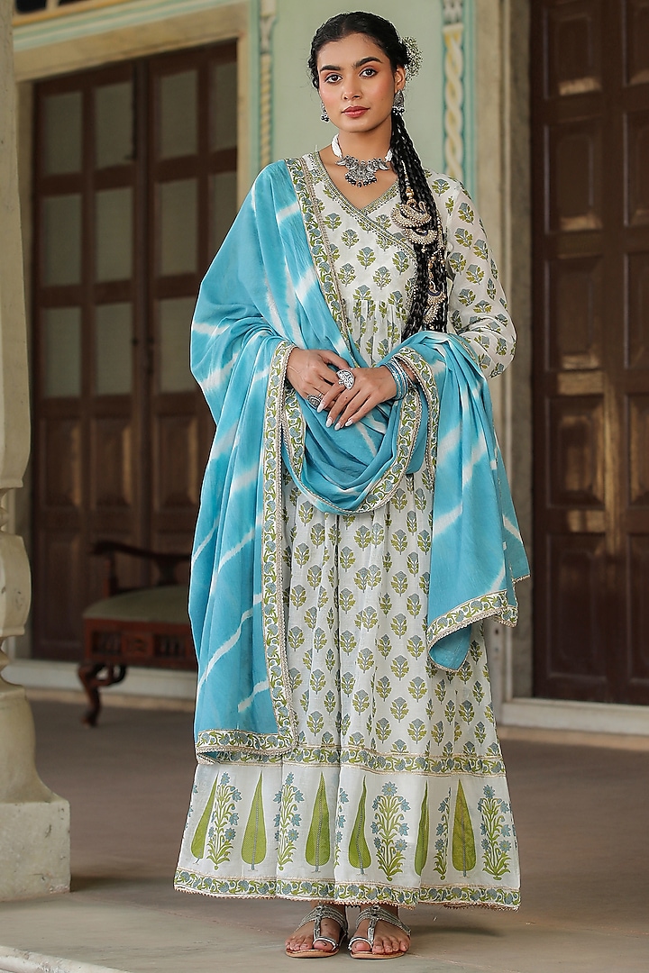 Green Mul Cotton Embroidered & Printed Anarkali Set by Bairaas at Pernia's Pop Up Shop