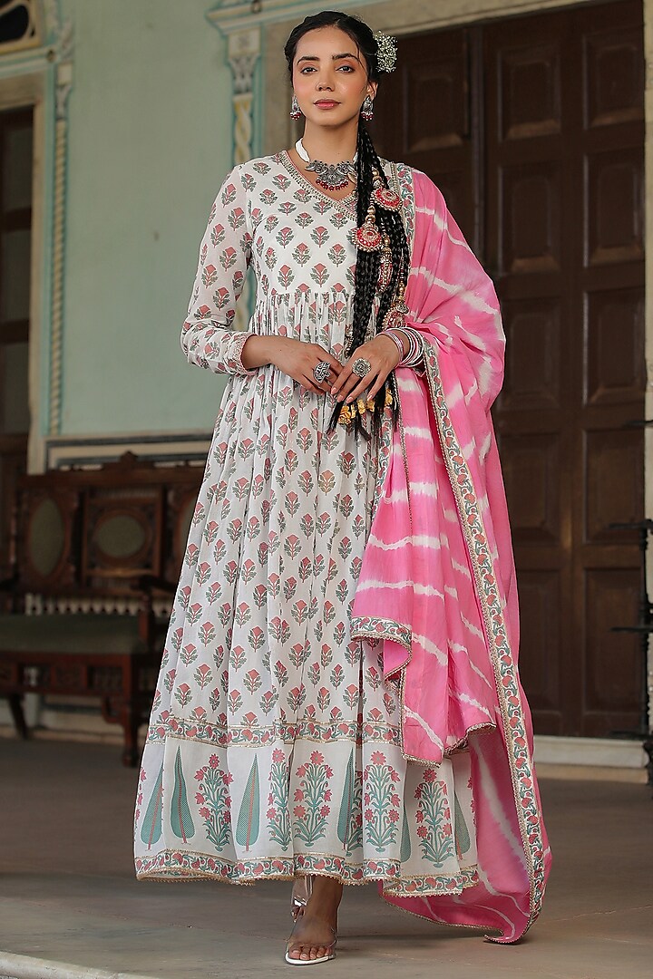 Blue Mul Cotton Embroidered & Printed Anarkali Set by Bairaas at Pernia's Pop Up Shop