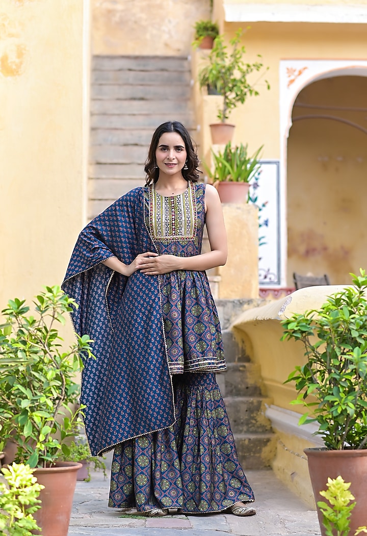 Blue Printed Sharara Set by Bairaas at Pernia's Pop Up Shop