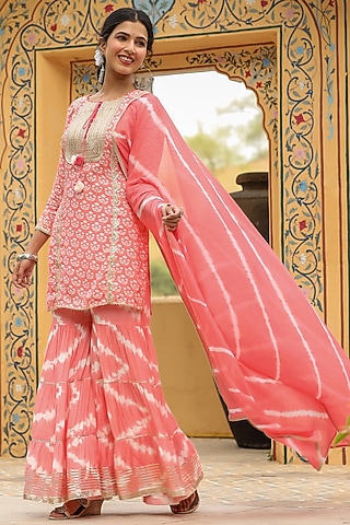 Peach Printed Gharara Set by Bairaas