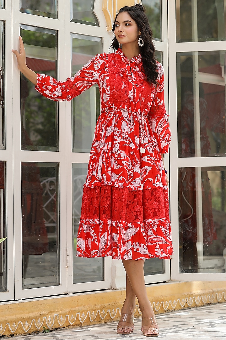 Red Printed Midi Dress by Bairaas