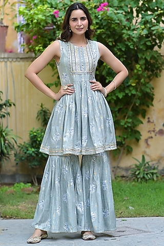 Sky Blue Embroidered Sharara Set by Bairaas
