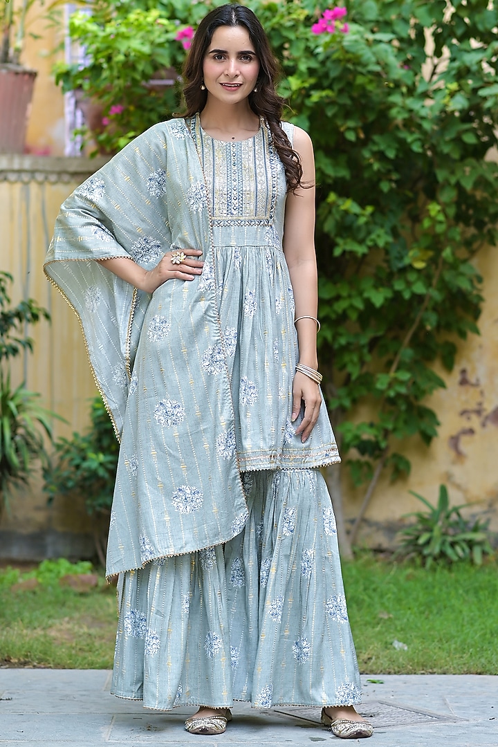 Sky Blue Embroidered Sharara Set by Bairaas at Pernia's Pop Up Shop