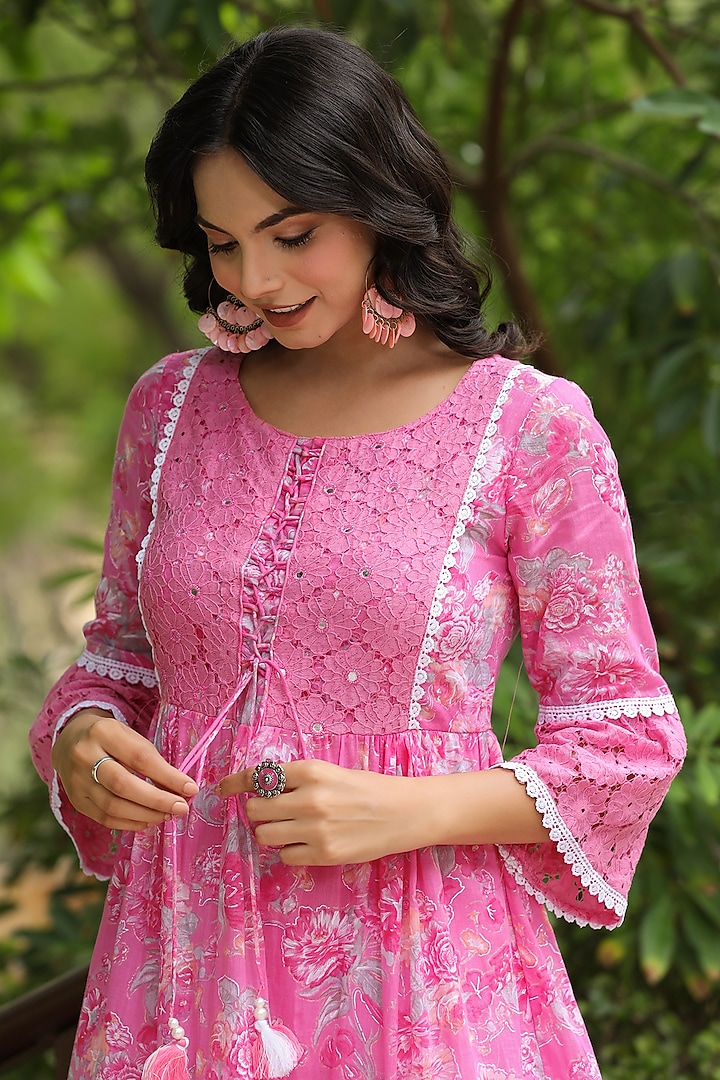 Pink Cotton Schiffli Midi Dress by Bairaas