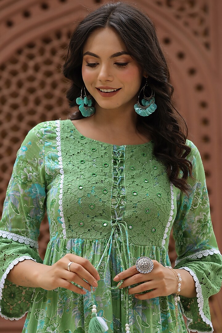 Green Cotton Schiffli Midi Dress by Bairaas