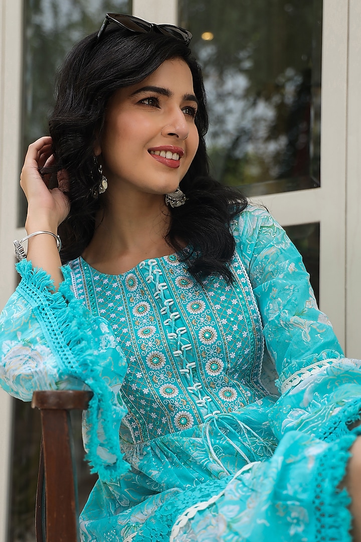 Turquoise Embroidered Midi Dress by Bairaas