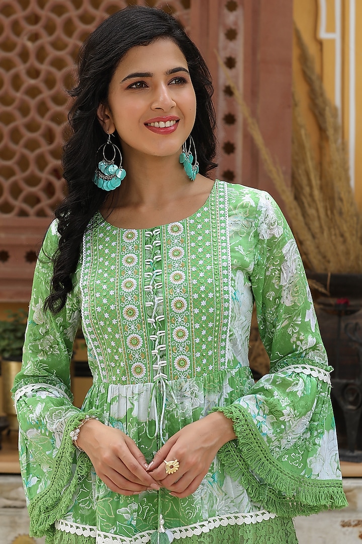 Green Embroidered Midi Dress by Bairaas