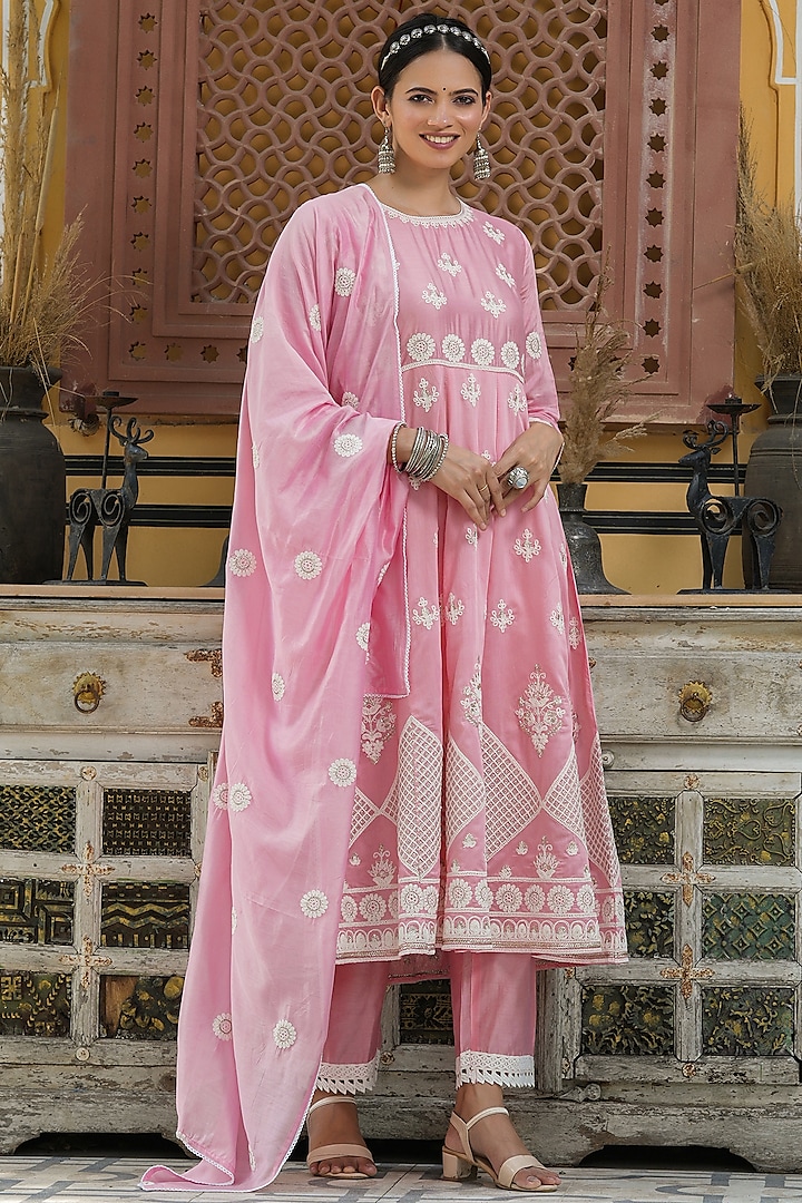 Pink Embroidered Anarkali Set by Bairaas