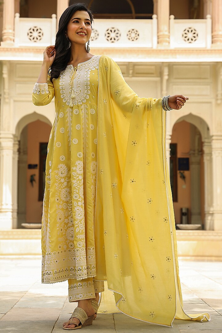 Yellow Embroidered Anarkali Set by Bairaas