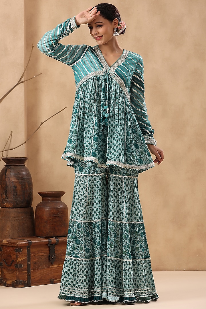 Turkish Green Printed Sharara Set by Bairaas at Pernia's Pop Up Shop
