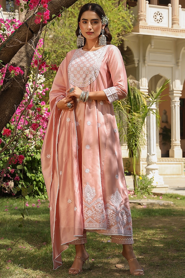 Rose Gold Embroidered Anarkali Set by Bairaas