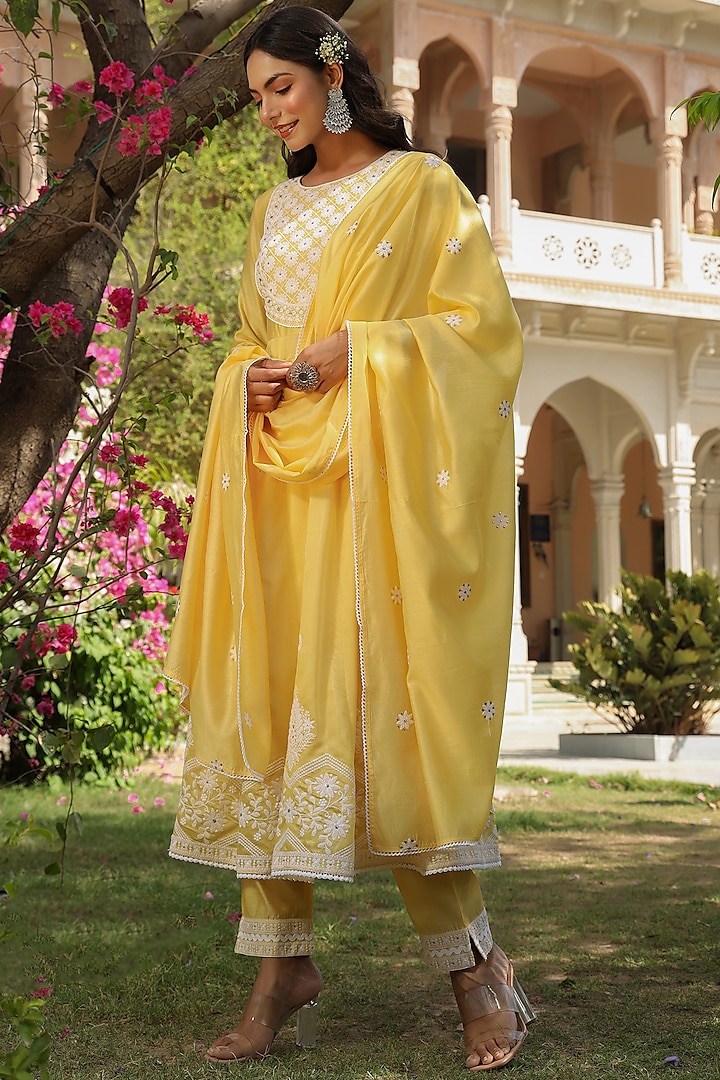 Yellow Zari Embroidered Anarkali Set by Bairaas