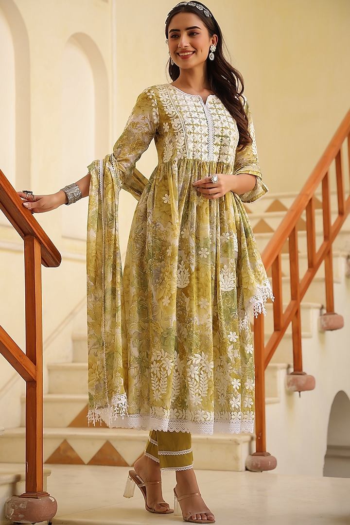 Mustard Printed Anarkali Set by Bairaas at Pernia's Pop Up Shop