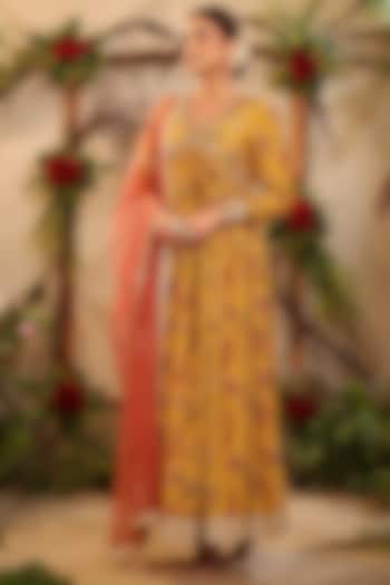 Mustard Floral Printed Gown With Dupatta by Bairaas