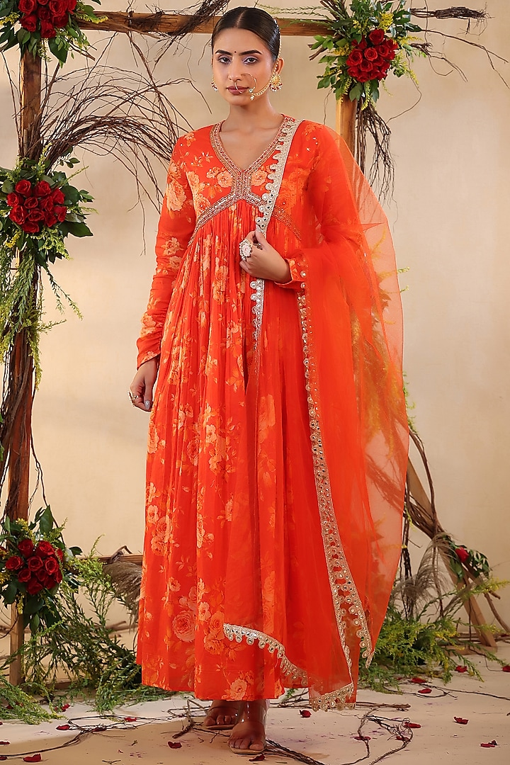 Orange Floral Printed Gown by Bairaas