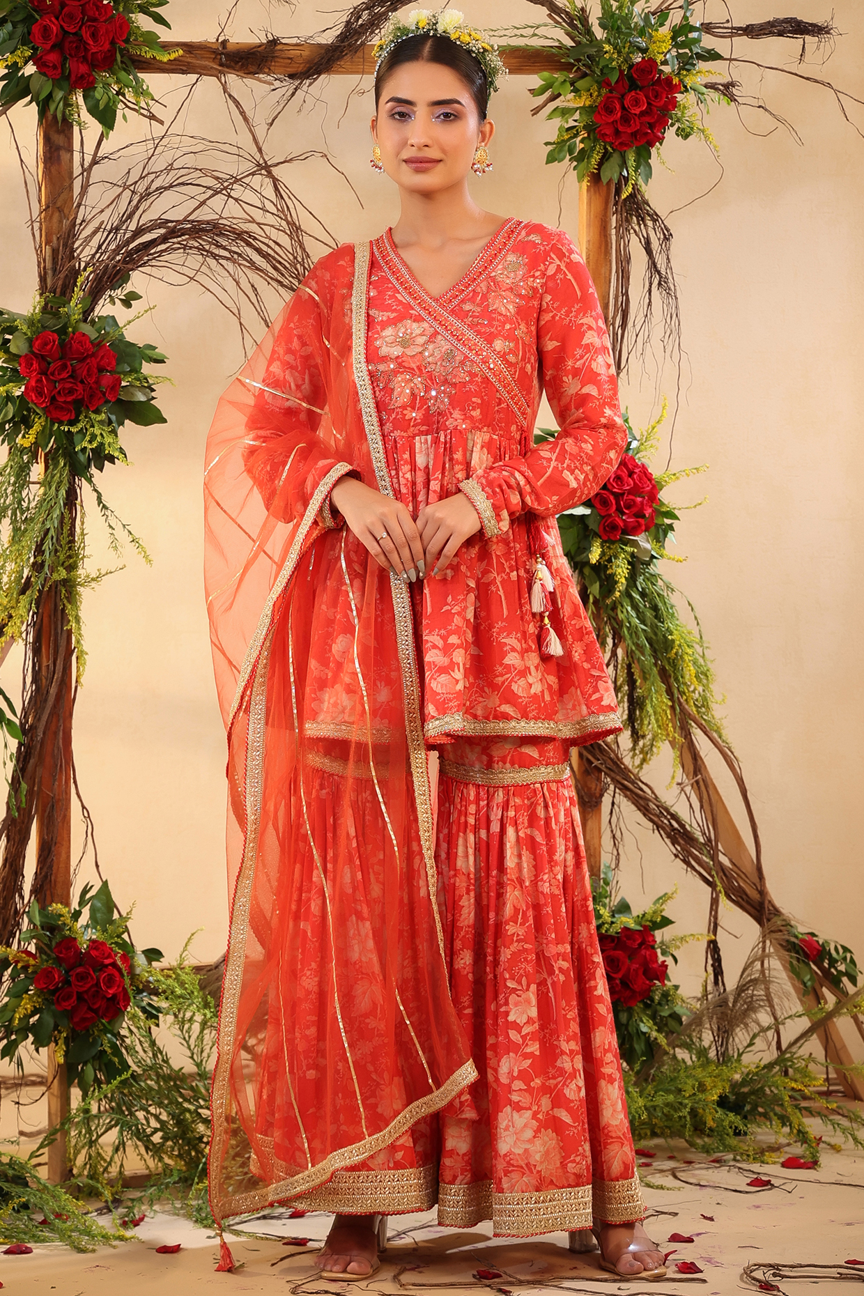 Red Muslin Angrakha Anarkali Set by Bairaas
