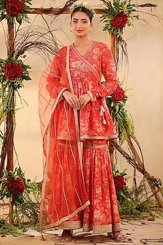 Red Muslin Angrakha Anarkali Set by Bairaas