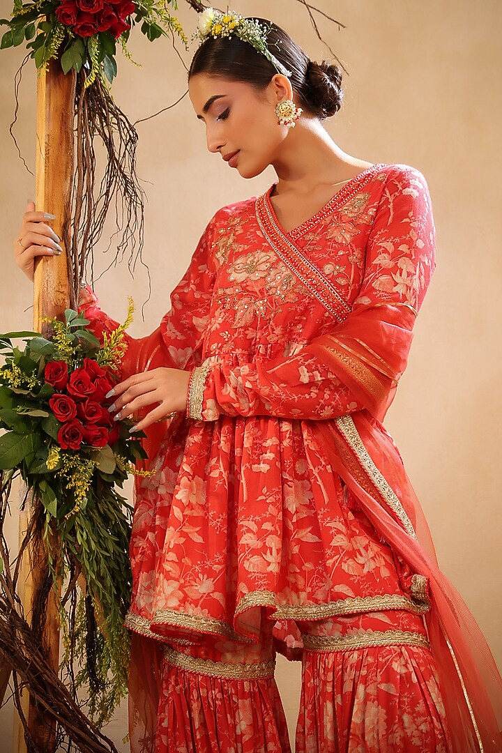 Red Muslin Angrakha Anarkali Set by Bairaas at Pernia's Pop Up Shop