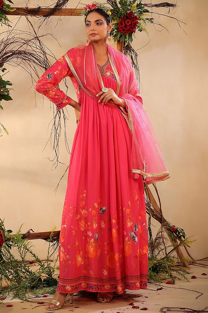 Pink Hand Embroidered Gown by Bairaas
