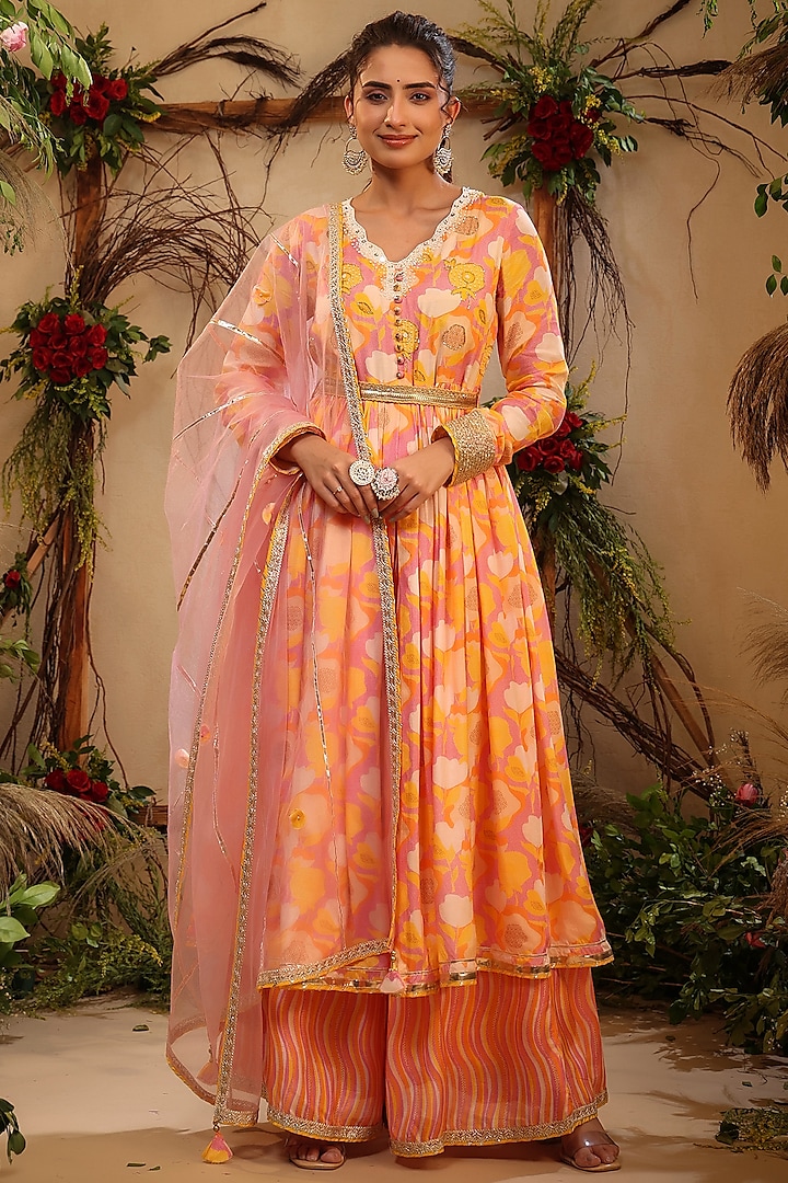 Orange Yellow Floral Printed Anarkali Set by Bairaas