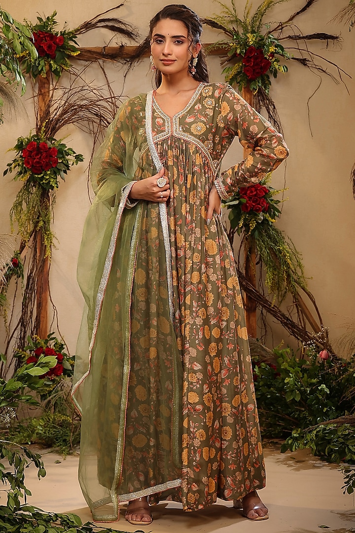 Laurel Green Floral Printed Gown by Bairaas
