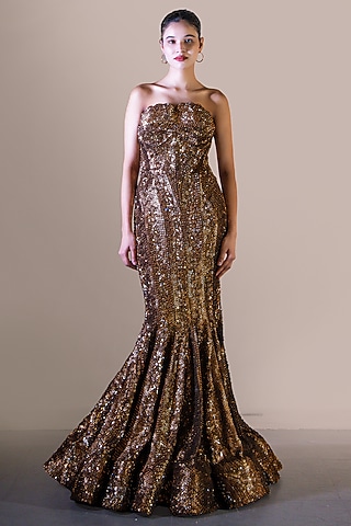 Copper Butterfly Net Floral Embellished Flared Gown by Baradari