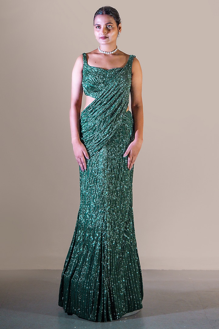 Bottle Green Silk Lycra Crepe Sequin Embroidered Draped Bridal Saree Set by Baradari at Pernia's Pop Up Shop
