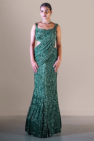Bottle Green Silk Lycra Crepe Sequin Embroidered Draped Saree Set by baradari