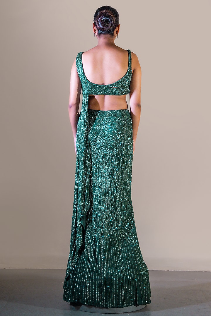 Bottle Green Silk Lycra Crepe Sequin Embroidered Draped Bridal Saree Set by Baradari at Pernia's Pop Up Shop