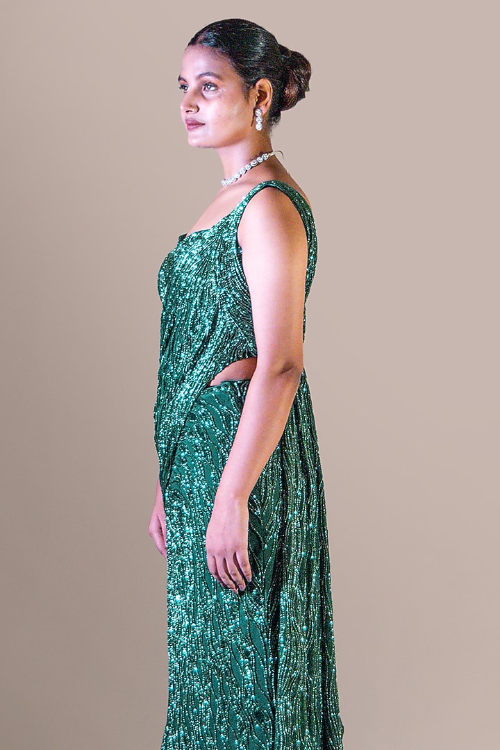 Bottle Green Silk Lycra Crepe Sequin Embroidered Draped Bridal Saree Set by Baradari at Pernia's Pop Up Shop