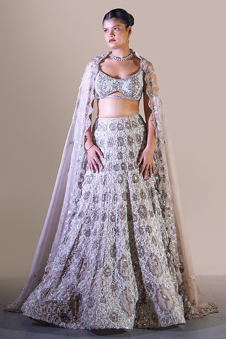 Silver Organza Zardosi Embroidered Bridal Bridal Lehenga Set by Baradari at Pernia's Pop Up Shop