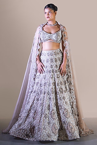 Silver Organza Zardosi Embroidered Bridal Lehenga Set by baradari