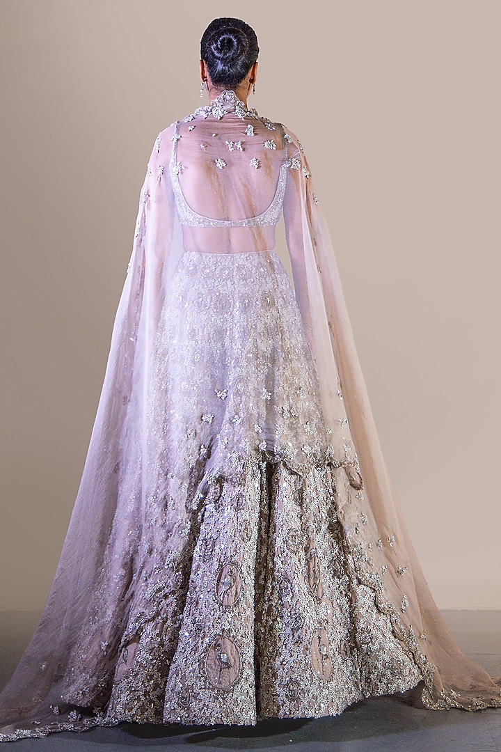 Silver Organza Zardosi Embroidered Bridal Bridal Lehenga Set by Baradari at Pernia's Pop Up Shop