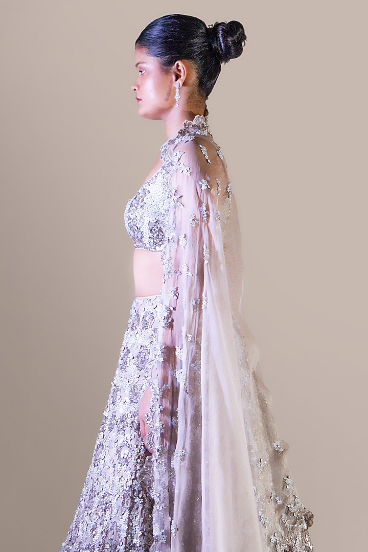 Silver Organza Zardosi Embroidered Bridal Bridal Lehenga Set by Baradari at Pernia's Pop Up Shop