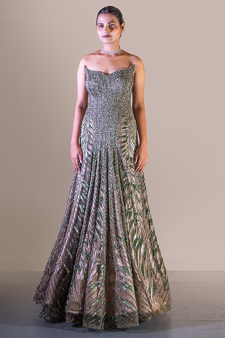 Olive & Gold Butterfly Net Sequin Embellished Bridal Gown by Baradari at Pernia's Pop Up Shop