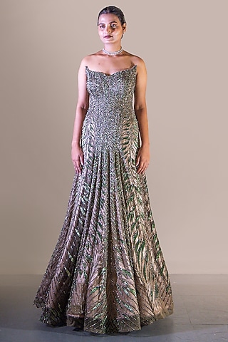 Olive & Gold Butterfly Net Sequin Embellished Gown by Baradari
