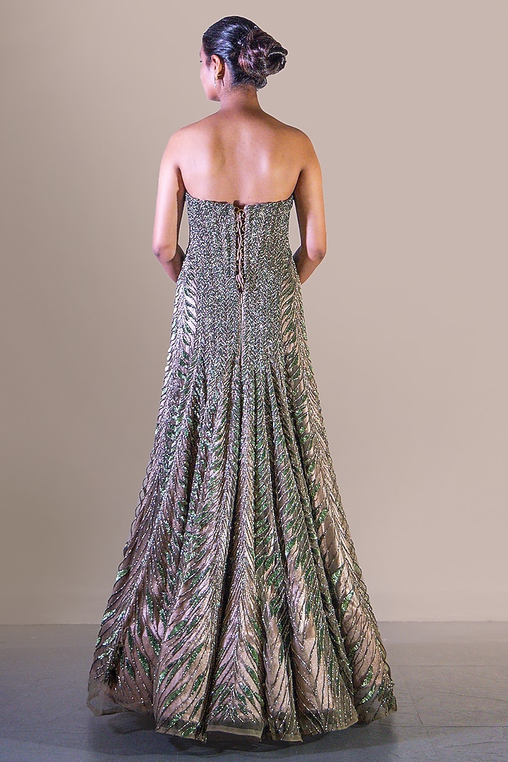 Olive & Gold Butterfly Net Sequin Embellished Bridal Gown by Baradari at Pernia's Pop Up Shop