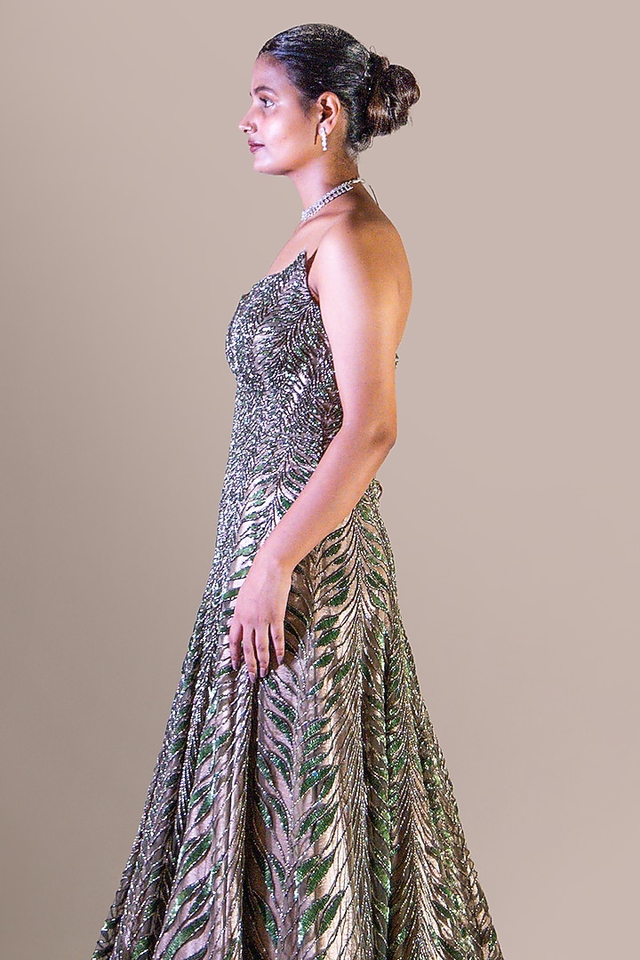 Olive & Gold Butterfly Net Sequin Embellished Bridal Gown by Baradari at Pernia's Pop Up Shop