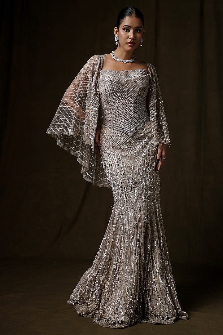 Silver Butterfly Net Sequin Embellished Skirt Set by Baradari at Pernia's Pop Up Shop